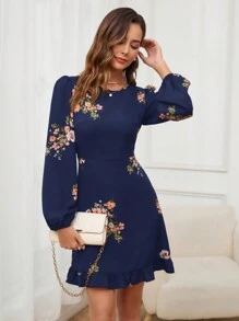 SHEIN Clasi Women's Floral Print Long Sleeve Crew Neck Dress