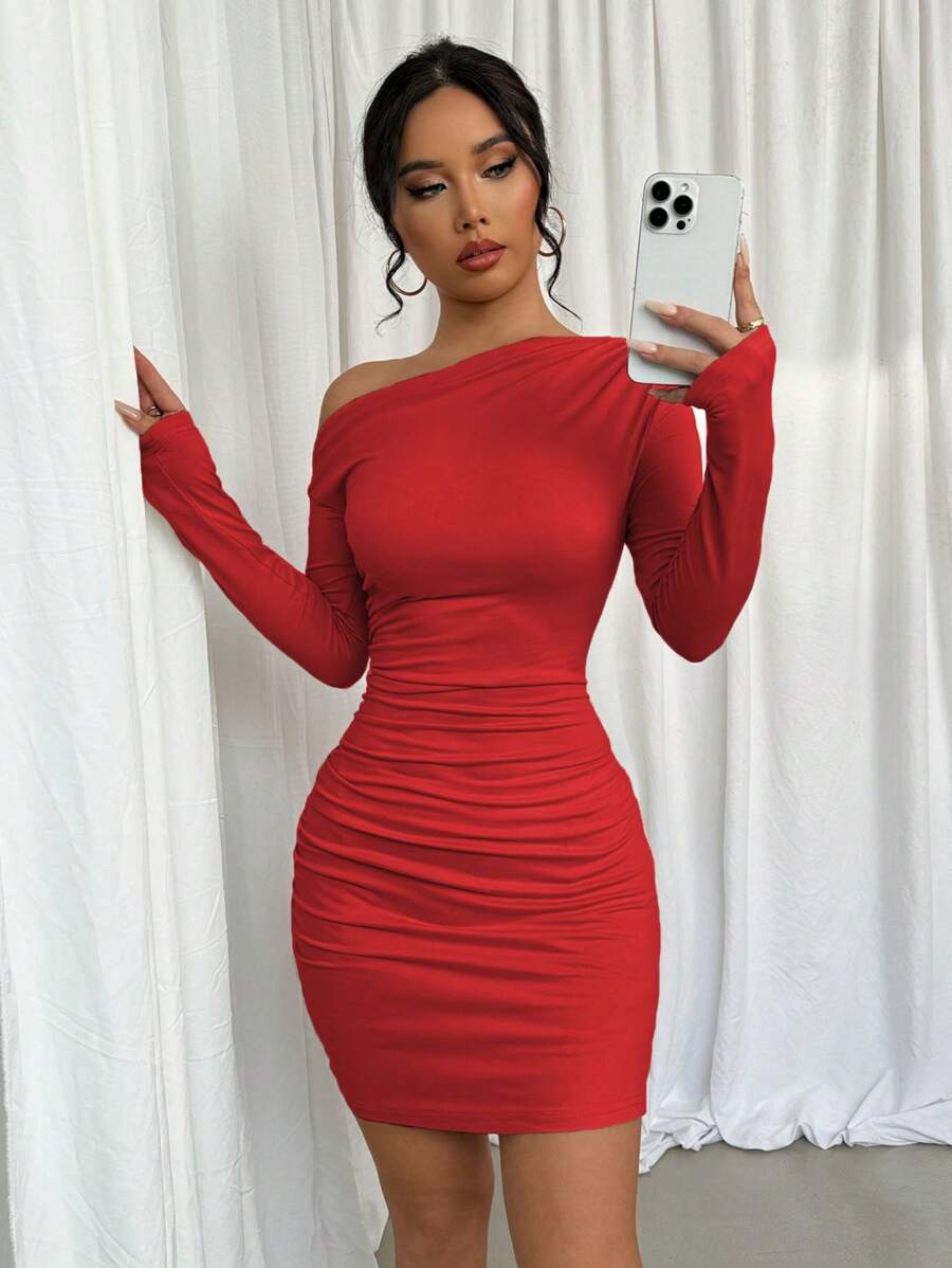 Selianne Solid Color Asymmetric Neck Ruffle Long Sleeve Dress For New Year Clothes Fall Cloth For Women - Red - View 1