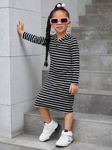 SHEIN 年轻女孩罗纹针织连帽休闲连衣裙 - 黑與白 - 查看 3