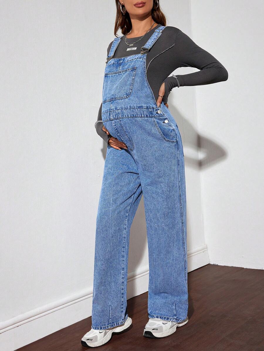 SHEIN Maternity Loose Fit Denim Bib Pants, Blue Women Mom Jeans Baggy Women Jeans,Baggy Vintage Jeans,Winter Women Pants Women's Casual Loose Wide-Leg Jeans - Blue - View 1