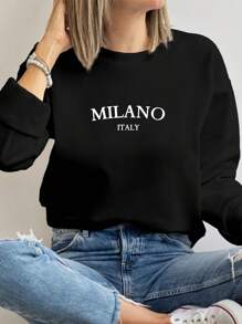 SHEIN EZwear Sudadera holgada de manga larga con cuello redondo para mujer, estampado con el patrón de impresión de Milán, Italia, de estilo minimalista y casual