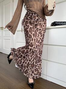 Modelyn Falda con estampado de leopardo por todas partes y cintura con lazo, uso casual para todos los días
