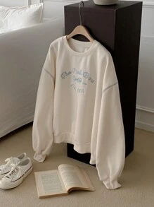 DAZY Women's Crew Neck Long Sleeve Minimalist Casual Letter Print Sweatshirt - Beige - View 7