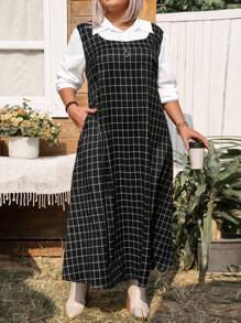 Plus Size Solid Color Patchwork Long Sleeve Simple Pocket Casual Dress, Random Prints