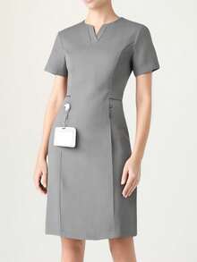 SHEIN TaskFit Áo sơ mi công sở màu trơn cổ chữ V tay ngắn cho nữ - Xám - Xem 12
