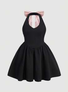 SHEIN CURVE+ Vestido de primavera de talla grande con bloqueo de colores y lazo dulce, para ocasiones de fiesta y citas - Negro - Ver 2