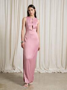 AiiRZ Satin Sleeveless Key Hole Tailored Maxi Dress - Pink - View 4