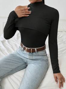 Chiquease Áo thun nữ tay dài cổ cao có gân màu trơn - màu đen - Xem 3