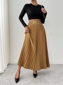 SHEIN Clasi Elegancka plisowana spódnica maxi dla kobiet z metalowym łańcuszkiem w talii - Kolor khaki - Zobacz 5
