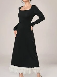 Modelyn Women's Solid Square Neck Elegant Long Sleeve Dress