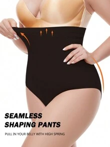 Plus Size Solid Color High Waist Tummy Control Seamless Shapewear Bottoms, Panty - Black - View 3