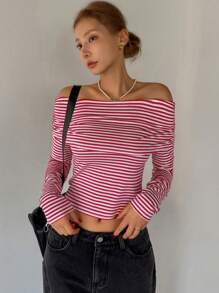 DAZY Christmas Women's Striped Off Shoulder Slim Fit T-Shirt