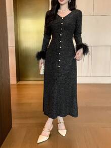 DAZY 女士纯色V领长款亮片拼接蓬松长袖A字中长连衣裙，秋季保暖内衬连衣裙 - 黑色 - 查看 8