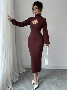 Rafferiza V-Neck Sleeveless Sweater Dress + High Neck Cropped Lantern Sleeve Pullover Sweater Set - Rust Brown - View 5