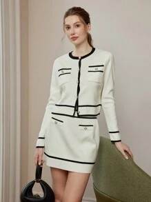 Women's Colorblock Trim Front Button Long Sleeve Blouse & Knit A-Line Skirt Set - Beige - View 6