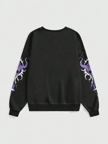 ROMWE Grunge Punk 大码街头服饰哥特式怪异骷髅拼色印花蝙蝠袖运动衫 - 黑色 - 查看 2