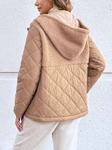EMERY ROSE Áo khoác đệm mùa thu cho nữ, vải lông cừu giả chắp vá, túi bên có khóa kéo - Màu Khaki - Xem 2