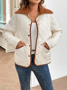 SHEIN LUNE Women's Autumn Winter White And Brown Hooded Padded Coat,Corduroy Collar Button Closure Color Blocking Quilted Diamond Pattern Casual Occasion Jacket - White - View 4
