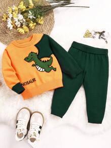 Baby Boys Knitted Sweater With Dinosaur Jacquard Pattern, Fashionable Winter Outfit