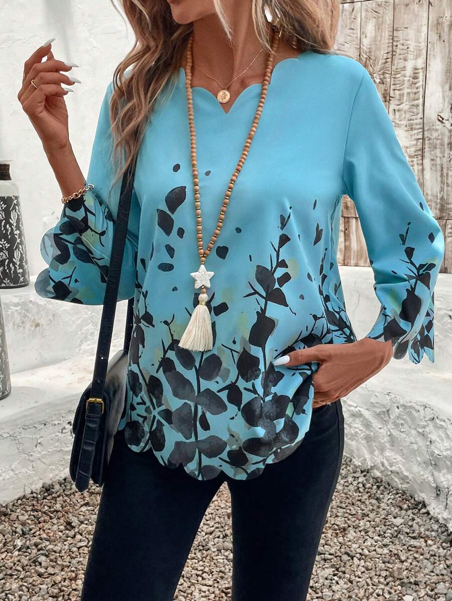 EMERY ROSE 女士贝壳边饰中袖印花休闲衬衫