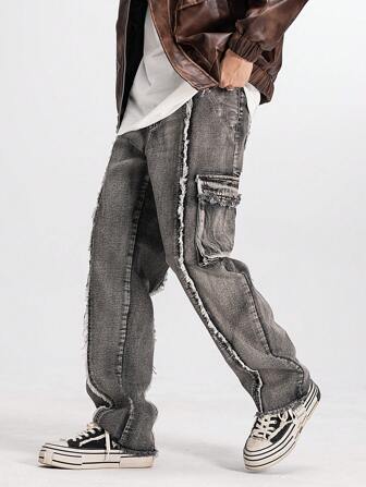 Street Life Men's Cargo Pocket Frayed Hem Straight Leg Casual Jeans