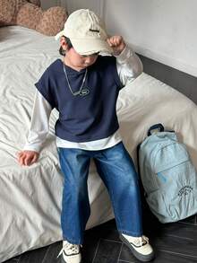 SHEIN 2pcs/Set Young Boy Casual Versatile Letter Print 2 In 1 Sweatshirt And Jeans Set, Suitable For Outdoor, Streetwear And School Wear - Blue - View 3