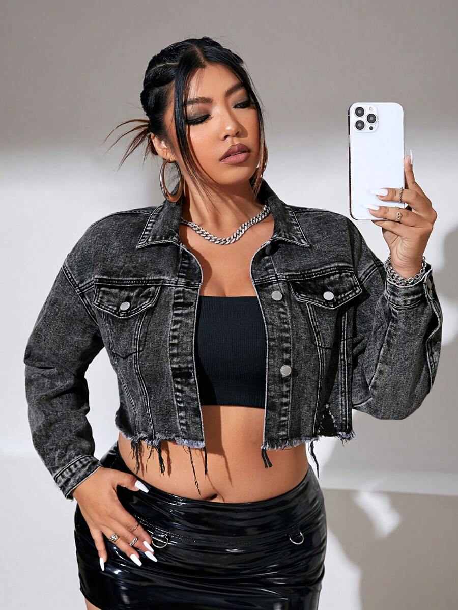 SHEIN ICON Plus Size Women's Spring & Fall Casual Frayed Hem Long Sleeve Cropped Denim Jacket - Black - View 1