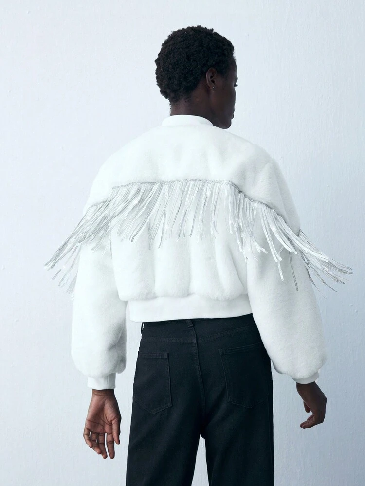 SHEIN Maija Women's White Solid Color Patchwork Fuzzy Sequined Fringe Fashion Baseball Jacket, Autumn Winter