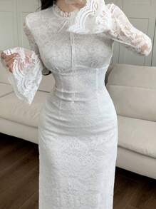Feyla 女士纯色蕾丝边长款休闲连衣裙长款晚礼服 - 白色 - 查看 7