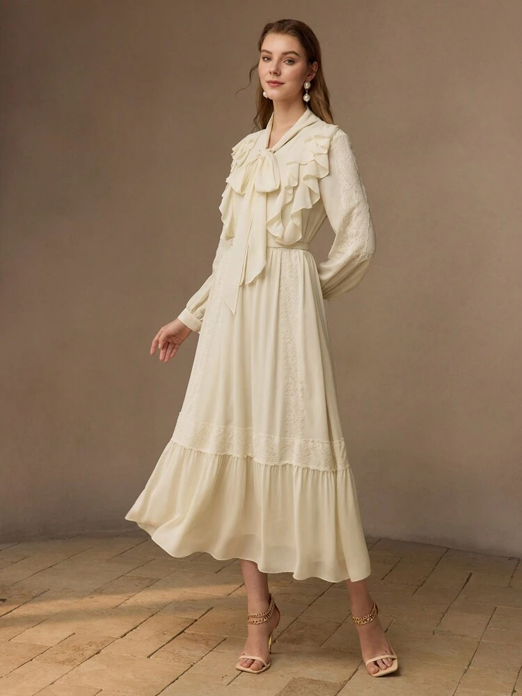 WOMEN TIE FRONT RUFFLE HEM DRESS