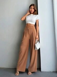 SHEIN PETITE 小码女式纯棉高腰褶饰直筒裤 - 米色 - 查看 6