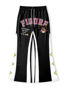 Manfinity EMRG Pantaloni casual da uomo con laccio, stampa a contrasto di cartone animato e lettere