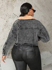 SHEIN SXY 大码牛仔夹克 黑色大码拼接长袖短款外套 冬季保暖牛仔泰迪熊 牛仔泰迪熊保暖毛绒外套 羊毛泰迪熊外套 - 黑色 - 查看 2