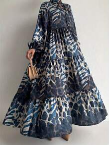 女式前系带长袖全身印花褶饰休闲阿拉伯朴素连衣裙