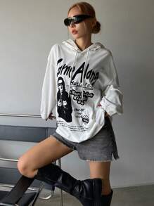 DAZY 女式印花宽松连帽衫，秋季女装运动衫 - 白色 - 查看 5