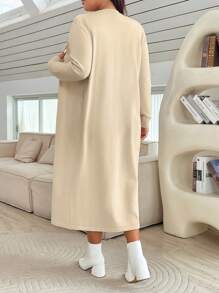 SHEIN Essnce Bộ 2 váy bó cỡ lớn dành cho nữ và áo len cardigan rộng rãi thoải mái, mùa thu/đông - Màu be - Xem 2