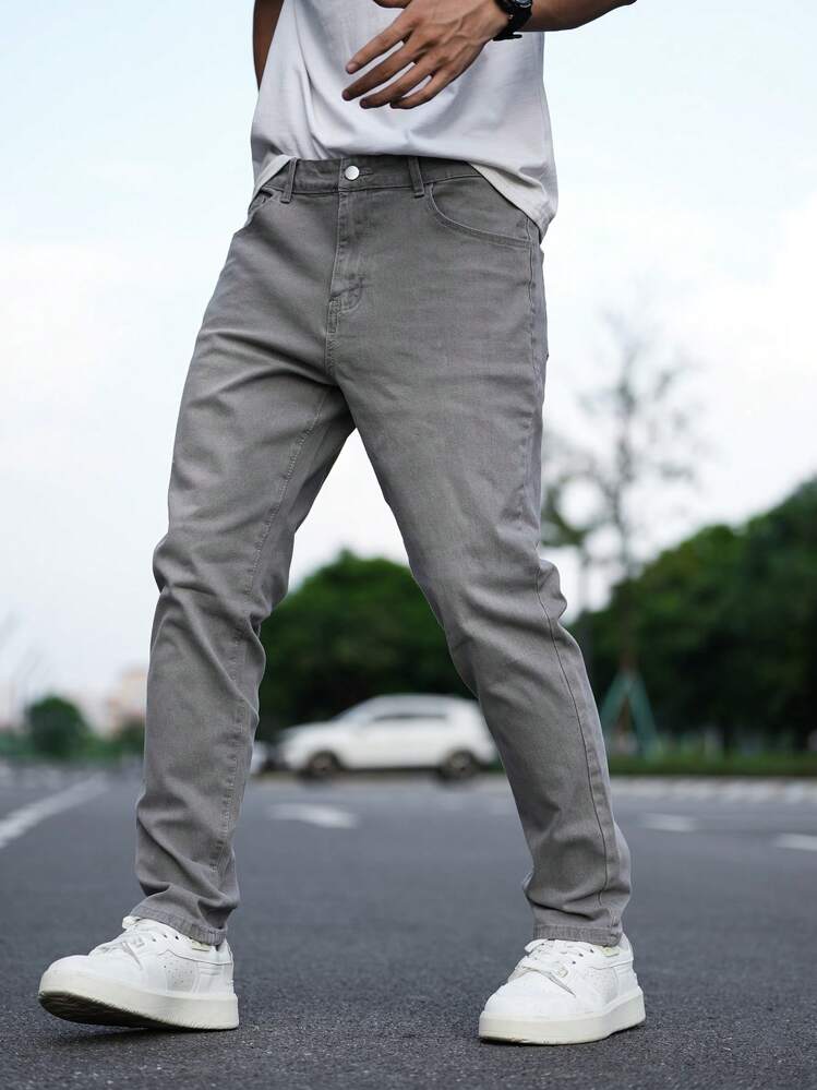 Manfinity Homme Men's Solid Color Casual Straight-Leg Jeans With