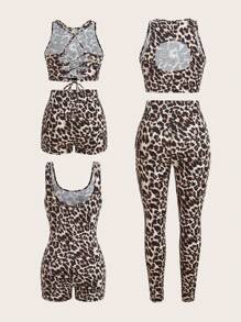 SHEIN EZwear 女士方领和方领短款上衣和全长紧身裤套装，时尚豹纹针织连体裤 - 卡其色 - 查看 2