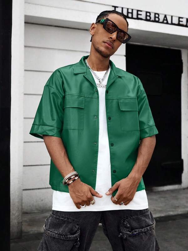 Manfinity Streetrush Men's Solid Color Button Front Short Sleeve Pocket Casual Street Wear Shirt,Green Leather Box Fit Shirt,Christmas Boxy Shirt For Boyfriend Gift, Going Out
