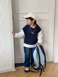 SHEIN 2pcs/Set Young Boy Casual Versatile Letter Print 2 In 1 Sweatshirt And Jeans Set, Suitable For Outdoor, Streetwear And School Wear - Blue - View 5