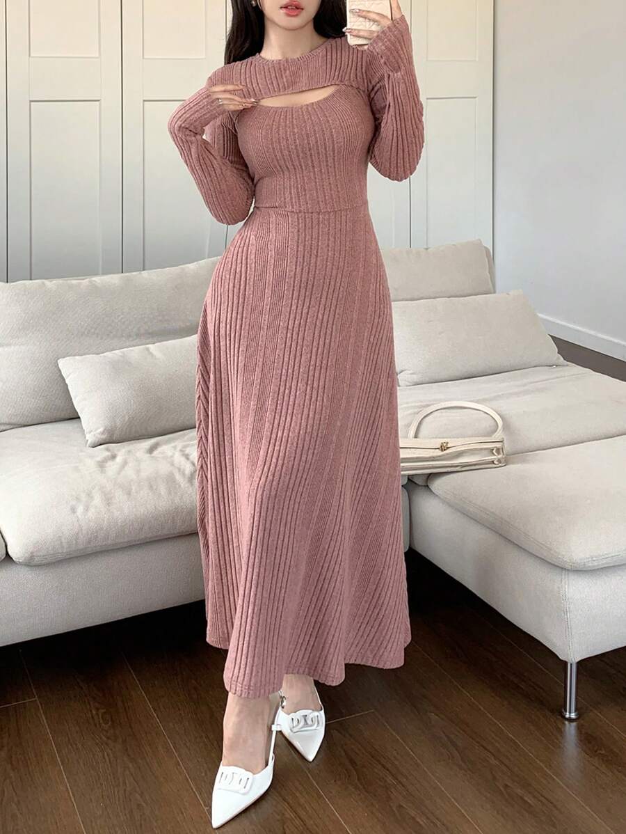 Feyla Women Solid Color Round Neck Long Sleeve Casual Mid-Length Dress Long Evening Dresses - Dusty Pink - View 1
