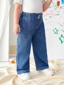 SHEIN Playful Pals 寶貝女孩中藍色高腰寬腿牛仔褲，柔軟、舒適且具彈性，有彈性的腰帶 - 中等水洗藍 - 查看 5