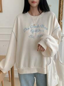 DAZY Women's Crew Neck Long Sleeve Minimalist Casual Letter Print Sweatshirt - Beige - View 6