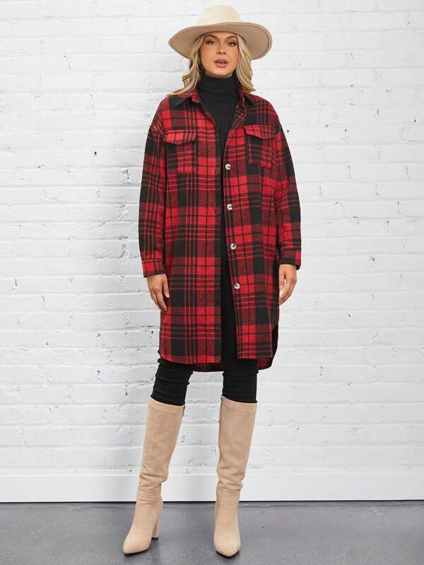 SHEIN LUNE Chaqueta larga de lana a cuadros cálida de color caqui para otoño/invierno