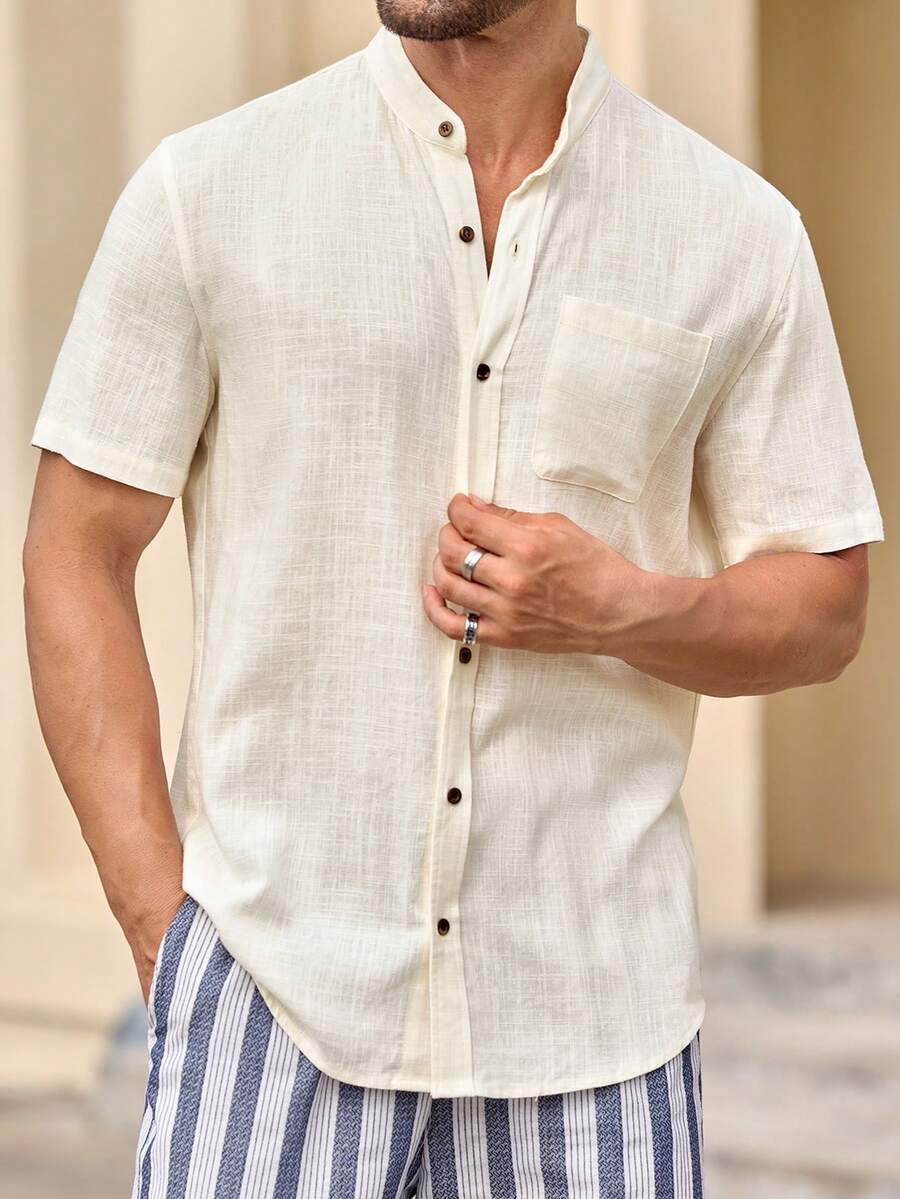 GENTILAND Áo sơ mi nam cổ đứng tay ngắn dáng ôm vừa vặn phù hợp cho mùa hè - trắng - Xem 1