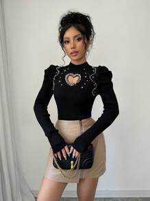 Selianne 新款V领时尚女式水钻镂空爱心长袖修身性感毛衣，长袖上衣，针织套头衫，秋冬款 - 黑色 - 查看 4