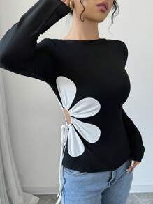 Elenzga Women's Fitted Crew Neck Long Sleeve Waist Hollow-Out Drawstring T-Shirt For Spring Fall - Black - View 4