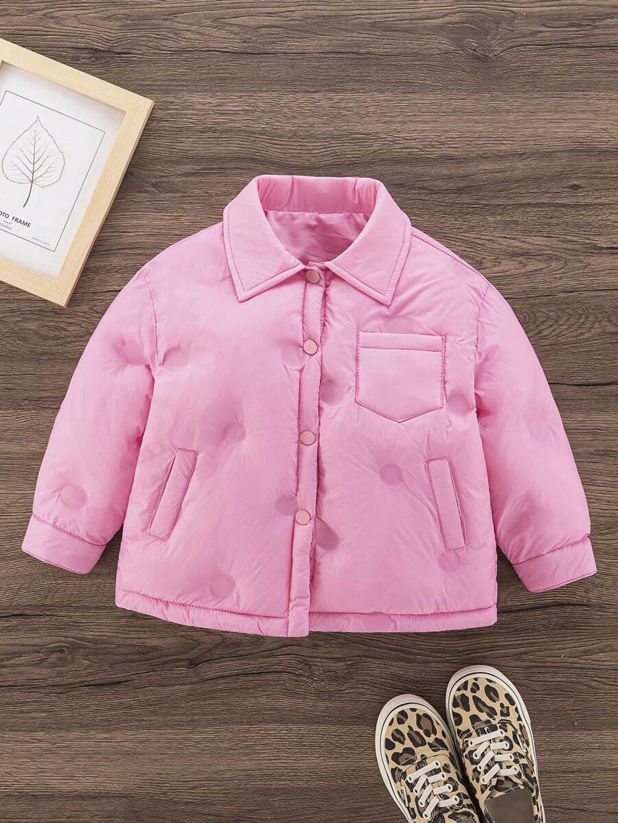 SHEIN Áo khoác sơ mi họa tiết chấm bi có đệm cho bé gái 4-7 tuổi Young Young có xẻ tà bên hông, áo khoác ngoài mùa đông - Màu Hồng Tươi - Xem 1