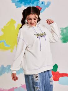 Nick 90s X SHEIN Sudadera con capucha blanca de talla grande informal con estampado de letra de dibujos animados y costuras contrastantes con caída de hombros