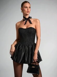 SHEIN BAE Damen Tüll-Rundhals-Ärmelloses elegantes Mini-Kleid, schwarzes Homecoming-Kleid, Homecoming-Kleider, kurzes Abendkleid, schwarzes Mini-Kleid, kurzes Abendkleid, Halloween-Outfits, Halloween-Kleid, Piraten-Kleid, Vampir-Kleid, Catwoman-Kostüm - Schwarz - Übersicht 5